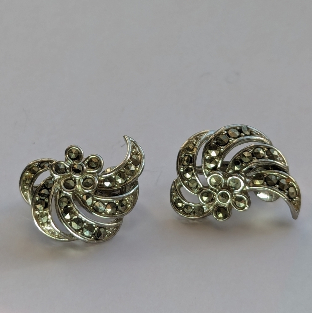 Lisner Marcasite clip earrings shell swoop rhinestone elegant